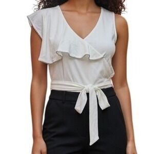 BEBE White Asymmetrical One Sleeve Flutter Wrap Top Ball Chain Trim Size M